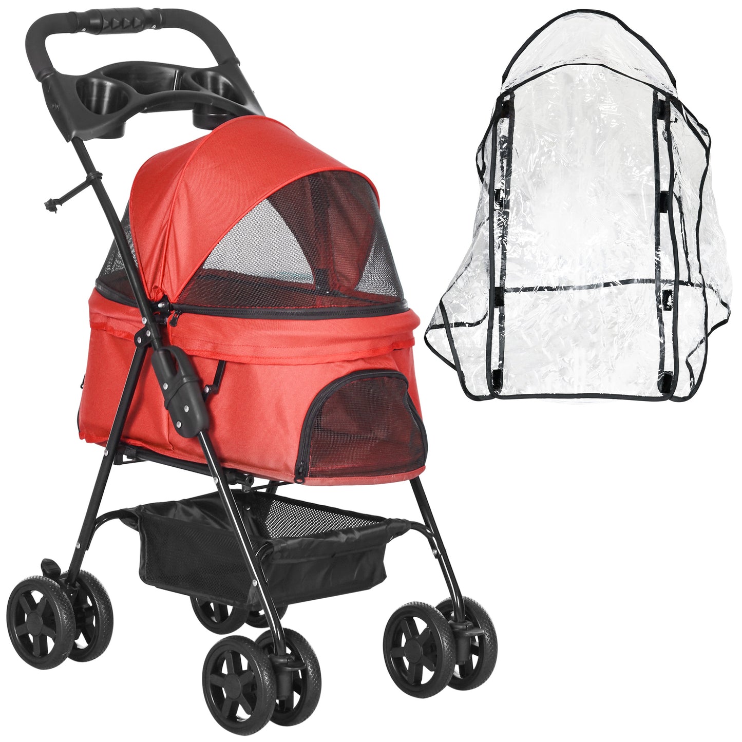 Photo of PawHut Dog Stroller with Rain Cover, Dog Pushchair One-Click Fold Trolley Jogger with EVA Wheels Brake Basket Adjustable Canopy Safety Leash for Small Dogs, Red in Red colour on a white background