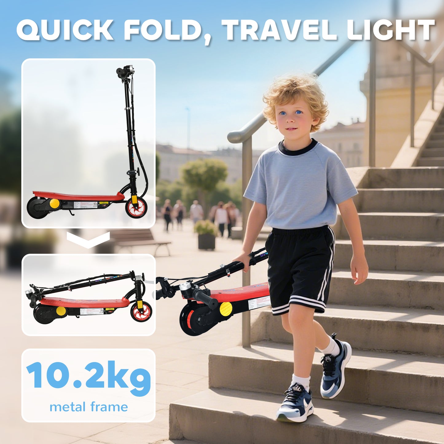 HOMCOM Foldable Electric Scooter, with LED Lights, for Ages 7-14 Years, Red