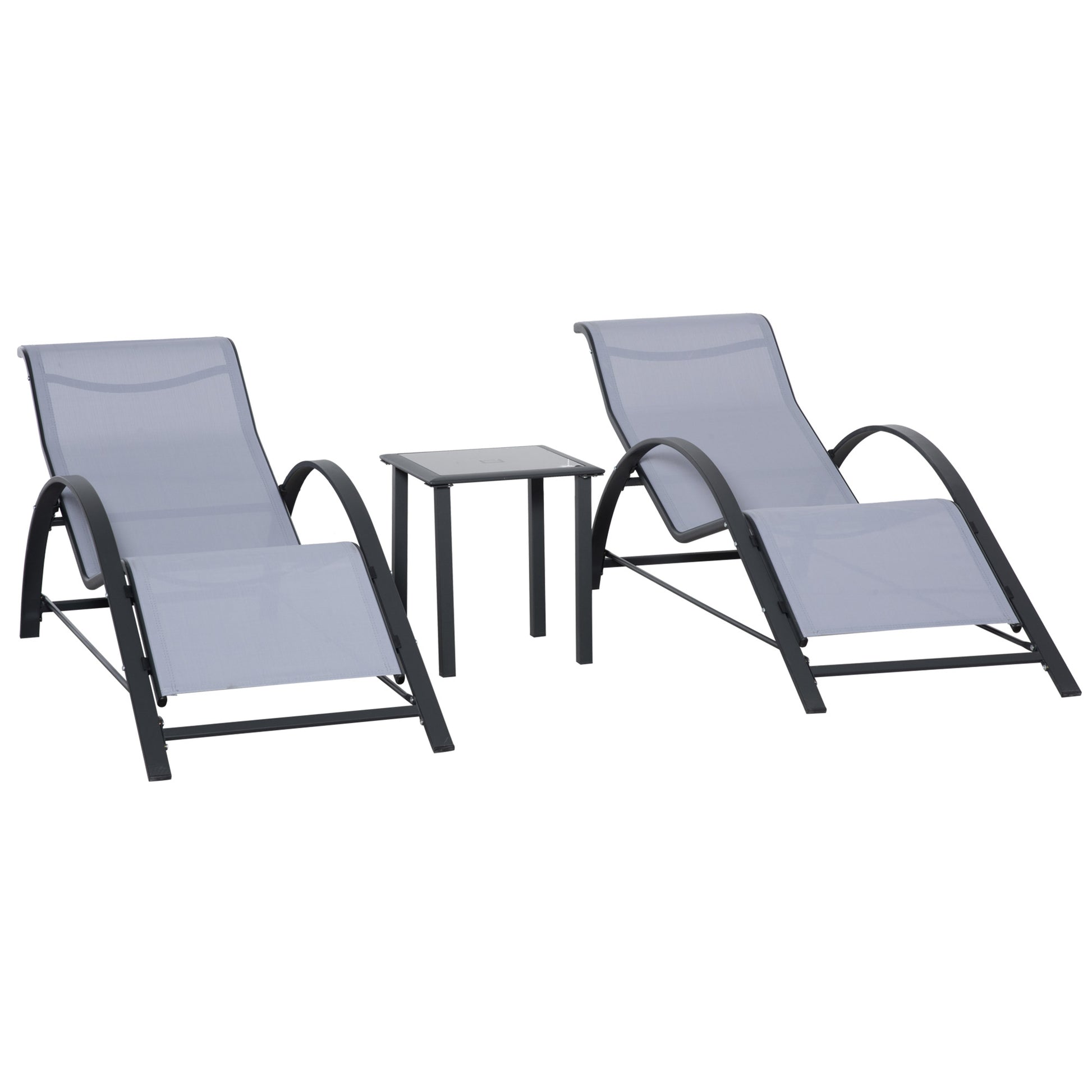 Photo of Outsunny 3 Pieces Lounge Chair Set Metal Frame Garden Outdoor Recliner Sunbathing Chair with Table, Light Grey in Grey colour on a white background