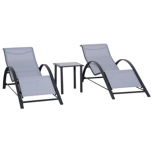 Photo of Outsunny 3 Pieces Lounge Chair Set Metal Frame Garden Outdoor Recliner Sunbathing Chair with Table, Light Grey in Grey colour on a white background