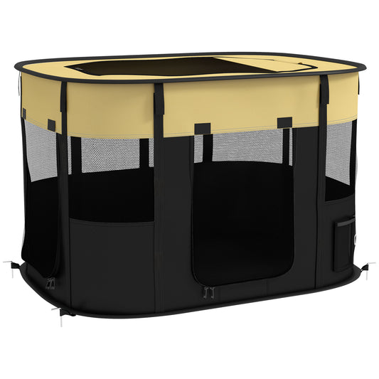 Photo of PawHut Foldable Dog Pen with Storage Bag for Indoor/Outdoor Use, Portable Pet playpen, with Ground Stakes - Yellow in Yellow colour on a white background