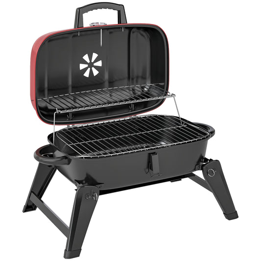 Photo of Outsunny Charcoal Barbecue Grill Folding Portable BBQ Grill for Camping with 1232 cm² Cooking Area, Adjustable Vent, Thermometer, Handles for Picnic, 59 x 37 x 36 cm, Red in Red colour on a white background