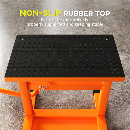 DURHAND motorbike lift with textured black rubber platform and orange steel frame