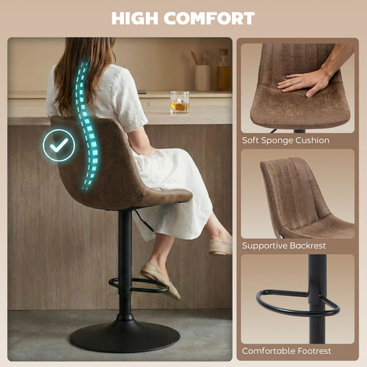 Brown upholstered bar stool with padded seat, supportive backrest, and circular footrest