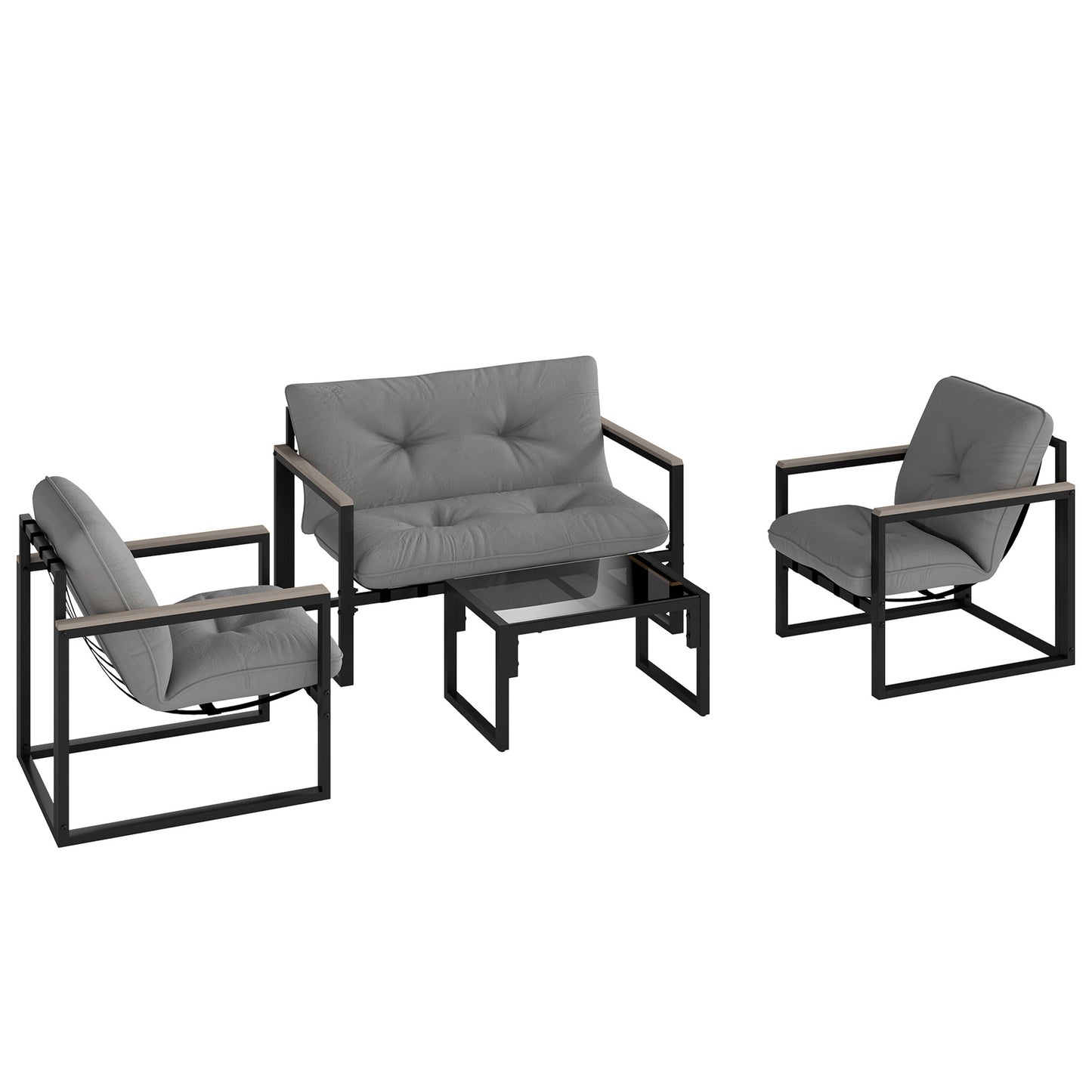 Photo of Outsunny Garden Furniture Set, 4 Piece Indoor Outdoor Conservatory with Loveseat Sofa, Armchairs, Glass Top Coffee Table, Cushions for Balcony, Poolside, Patio, Dark Grey in Grey colour on a white background