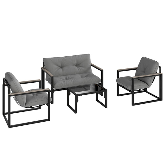 Photo of Outsunny Garden Furniture Set, 4 Piece Indoor Outdoor Conservatory with Loveseat Sofa, Armchairs, Glass Top Coffee Table, Cushions for Balcony, Poolside, Patio, Dark Grey in Grey colour on a white background
