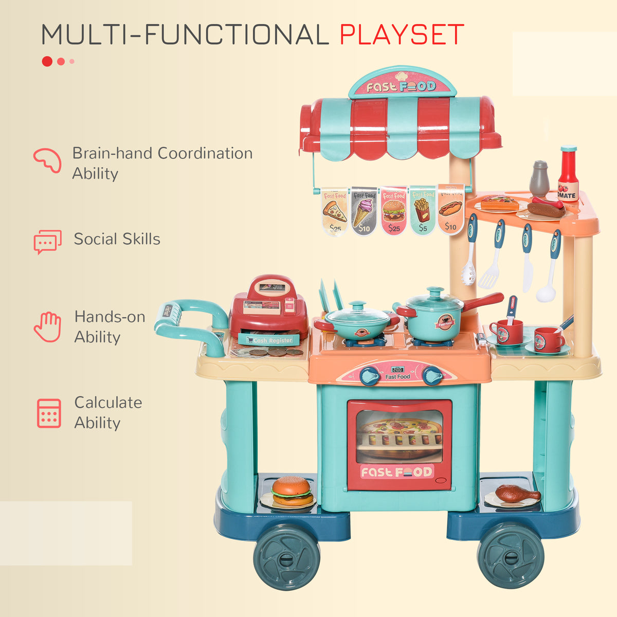Kids' fast-food trolley playset with striped canopy, toy stove, oven, register and serving shelves
