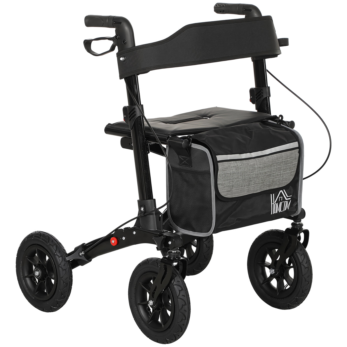 HOMCOM black folding rollator walker with padded seat, backrest, storage bag and four wheels