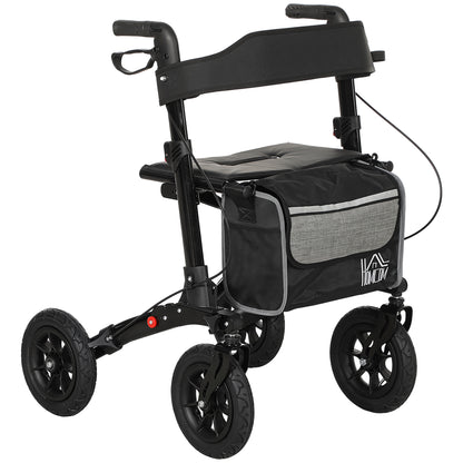 HOMCOM black folding rollator walker with padded seat, backrest, storage bag and four wheels