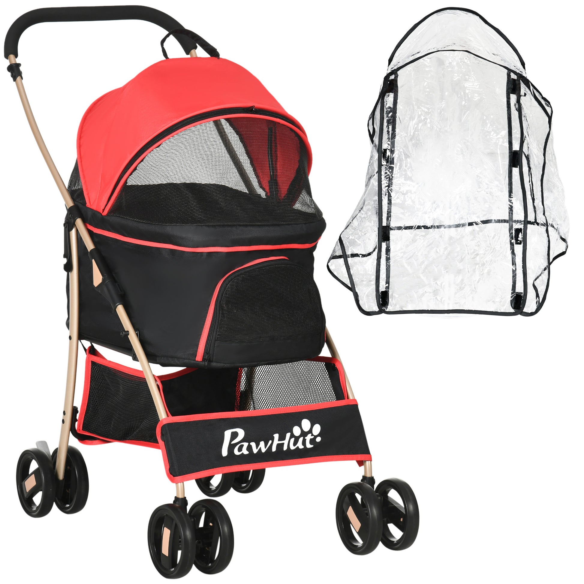 Photo of PawHut Detachable Pet Stroller with Rain Cover, 3 In 1 Cat Dog Pushchair, Foldable Carrying Bag w/ Universal Wheels, Brake, Canopy, Basket, Storage Bag for Small and Tiny Dogs - Red in Red colour on a white background