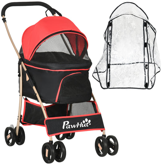 Photo of PawHut Detachable Pet Stroller with Rain Cover, 3 In 1 Cat Dog Pushchair, Foldable Carrying Bag w/ Universal Wheels, Brake, Canopy, Basket, Storage Bag for Small and Tiny Dogs - Red in Red colour on a white background