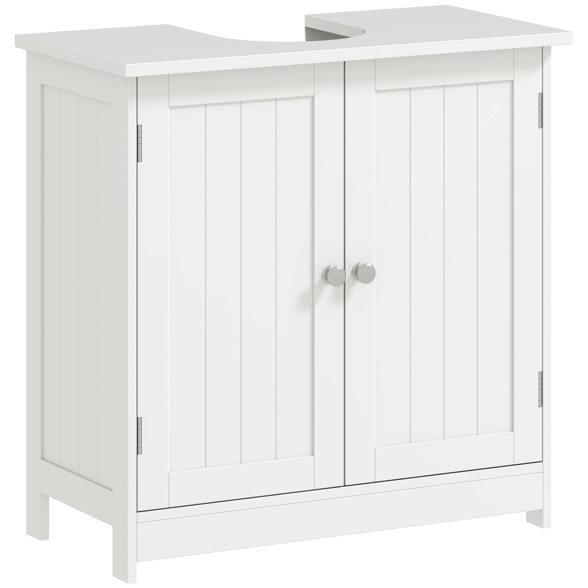 White under-sink bathroom cabinet with two paneled doors and a basin cutout