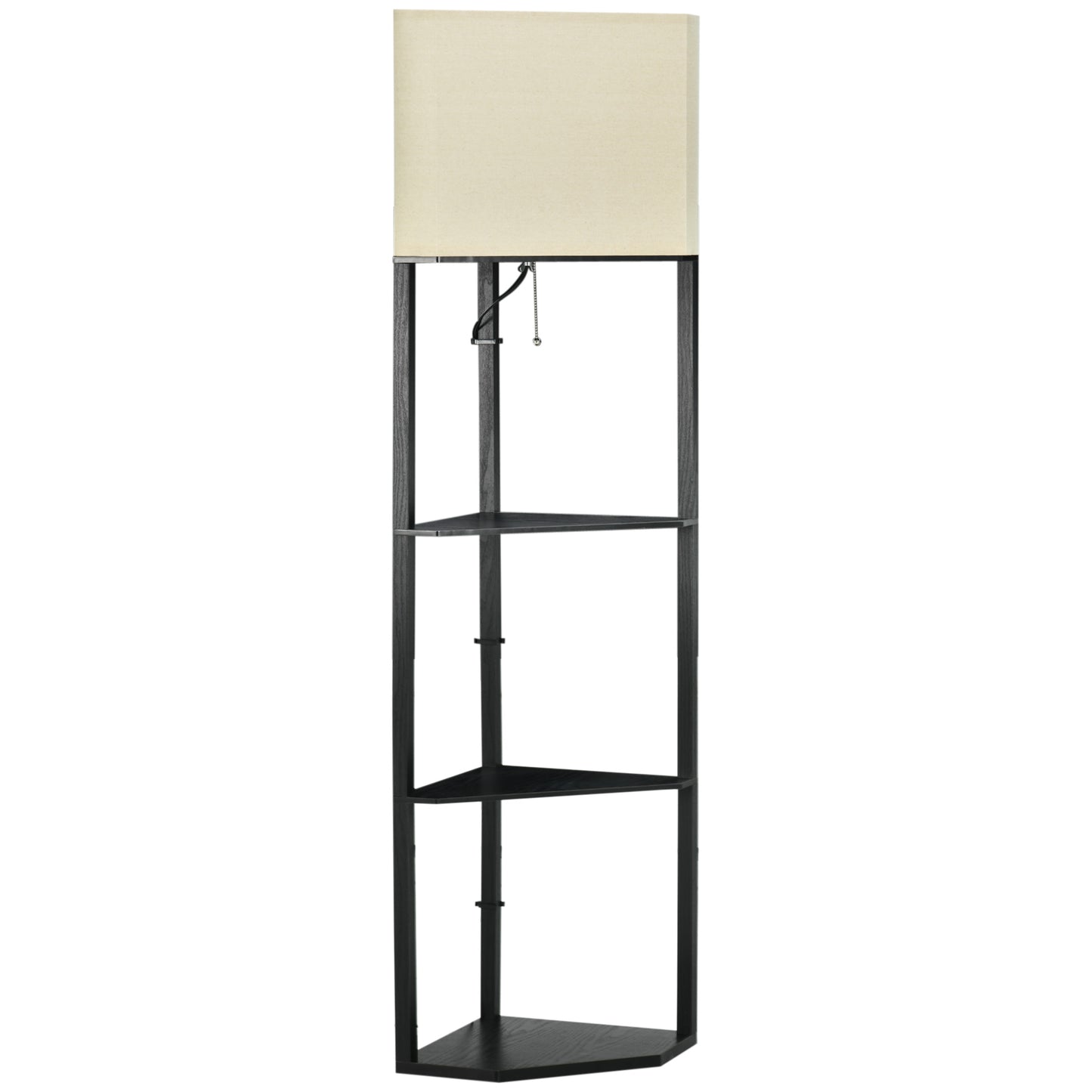 Photo of HOMCOM Corner Floor Lamp with Shelves, Tall Standing Lamps for Living Room, with Pull Chain Switch Bulb not Included, Black in Black colour on a white background