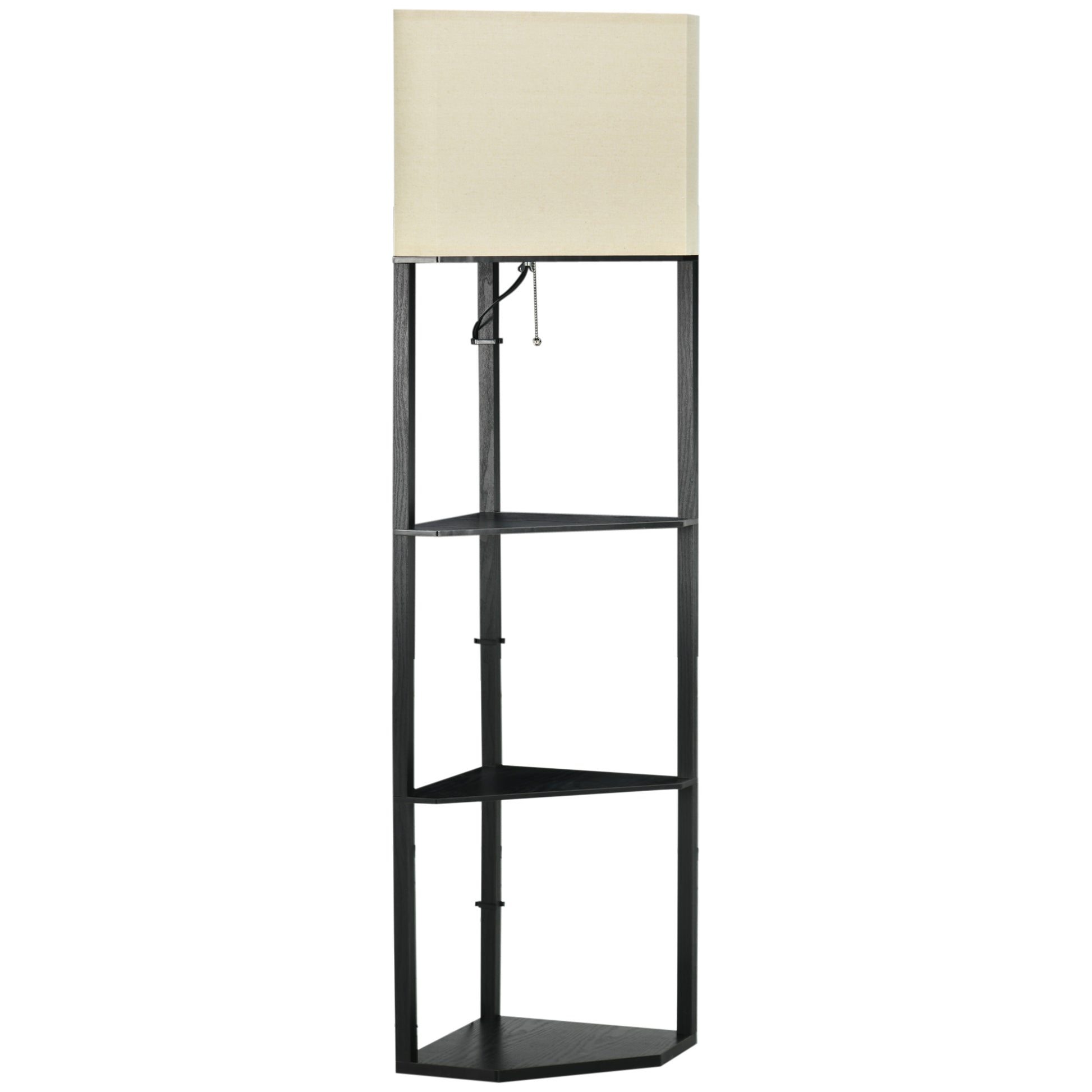 Photo of HOMCOM Corner Floor Lamp with Shelves, Tall Standing Lamps for Living Room, with Pull Chain Switch Bulb not Included, Black in Black colour on a white background