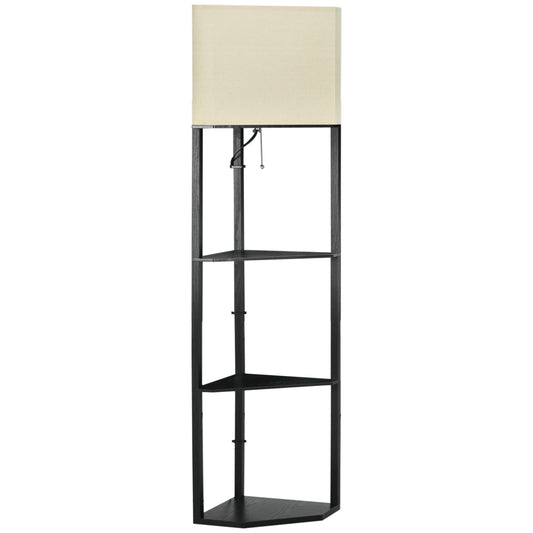 Photo of HOMCOM Corner Floor Lamp with Shelves, Tall Standing Lamps for Living Room, with Pull Chain Switch Bulb not Included, Black in Black colour on a white background