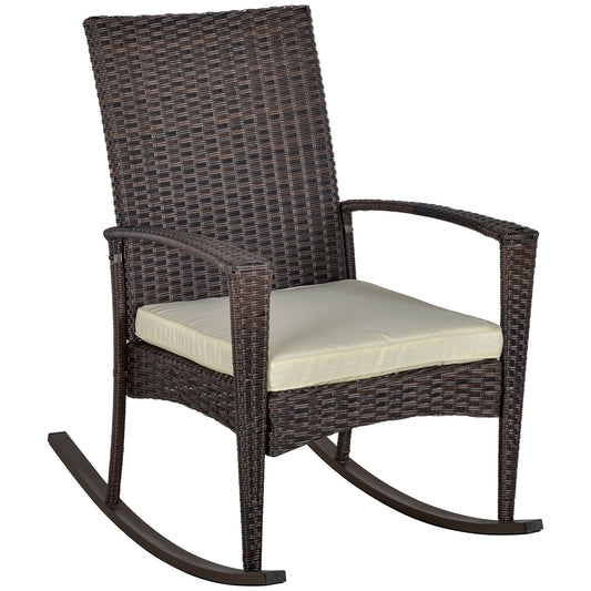 Photo of Outsunny PE Rattan Garden Rocking Chair, Outdoor Rocking with Cushion, 160 KG Capacity Wicker Garden Armchair Rocker with Metal Frame for Patio, Porch, Balcony, Brown in Brown colour on a white background
