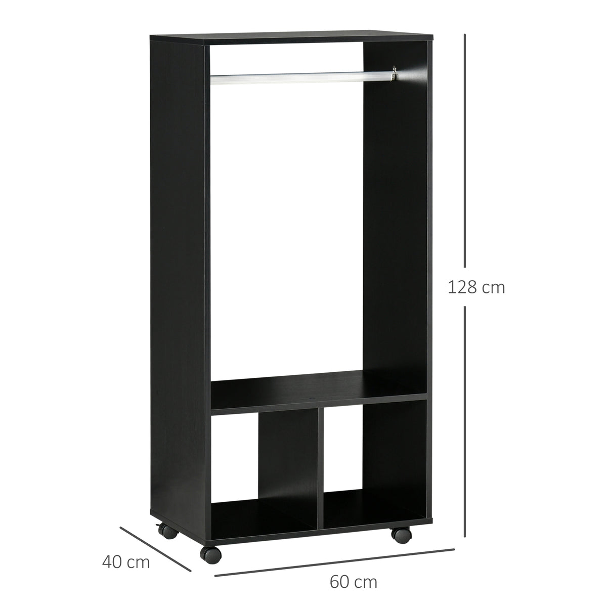 Black open wardrobe with hanging rail, two lower storage compartments, and wheels