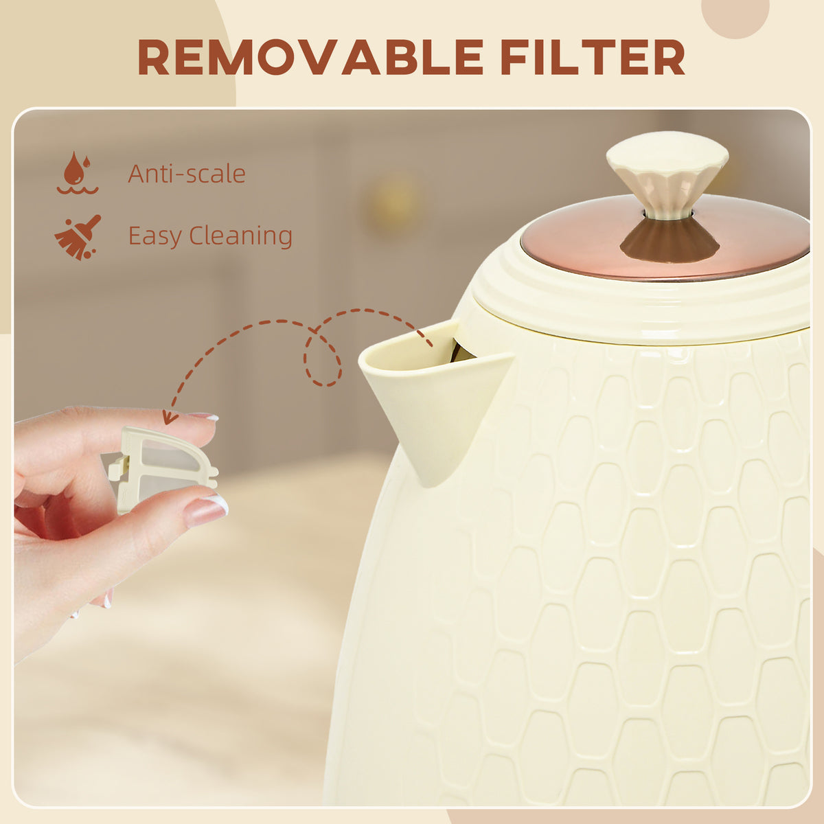 HOMCOM Electric Kettle, 1.7L, Fast Boil, 3000W Cordless Water Kettle with Removable Washable Anti-scale Filter, Beige