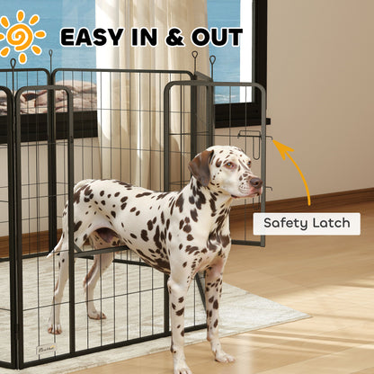 PawHut black dog playpen door with safety latch beside a dog