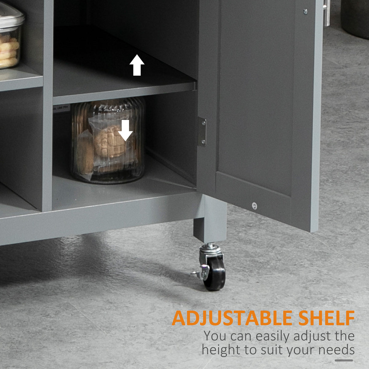 Grey trolley cabinet with an adjustable open shelf and caster wheel