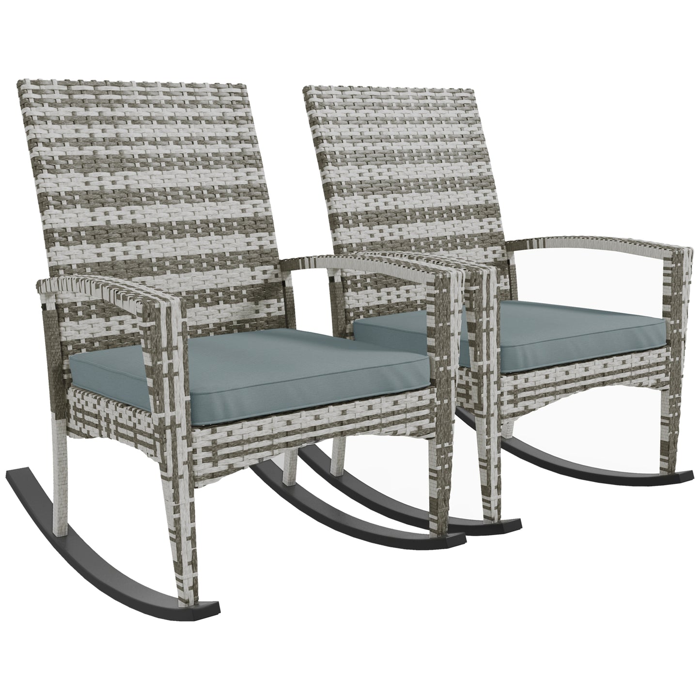 Photo of Outsunny Outdoor PE Rattan Rocking Chair Set of 2, Garden Rocking Chair Set with Armrest and Cushion, Light Grey in Grey colour on a white background