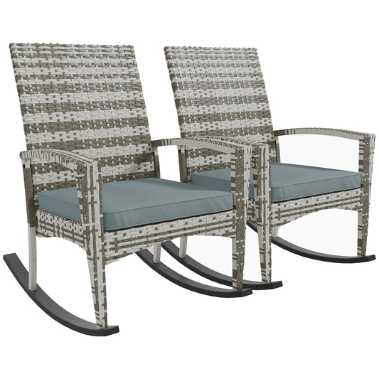Photo of Outsunny Outdoor PE Rattan Rocking Chair Set of 2, Garden Rocking Chair Set with Armrest and Cushion, Light Grey in Grey colour on a white background