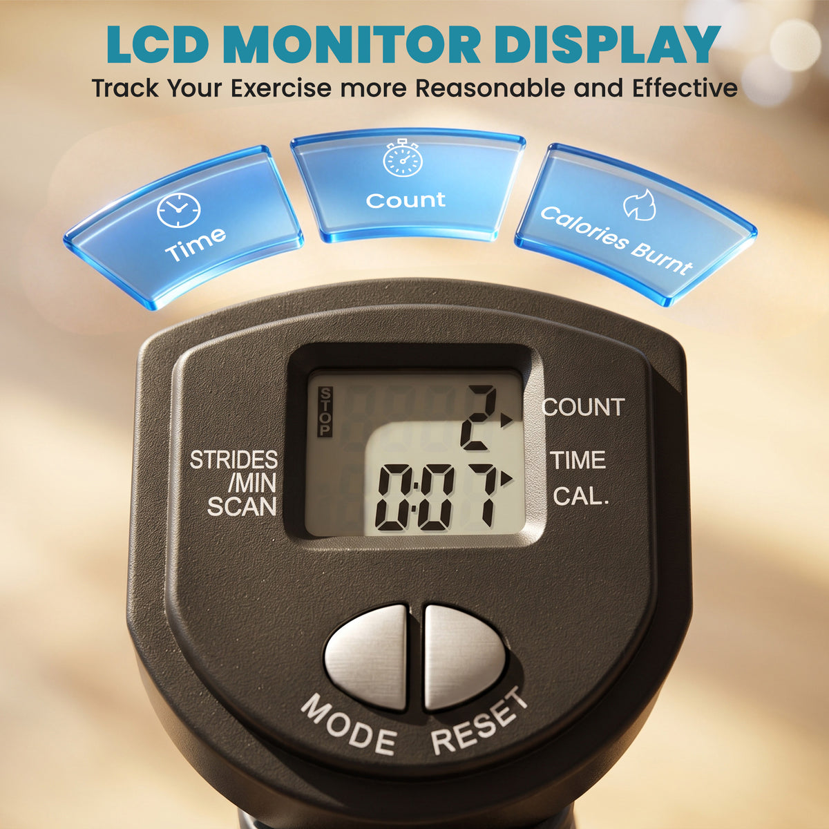 HOMCOM stepper LCD monitor displaying count, time, strides per minute, and calories
