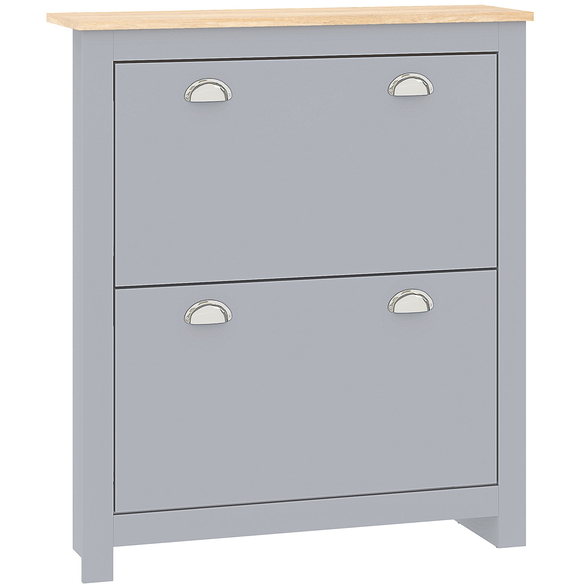 Photo of HOMCOM 2 Drawer Shoe Cabinet Modern Narrow Shoe Cupboard Hallway Wooden Storage Organiser with Flip Doors Adjustable Shelf for 6-12 Pairs, Grey in Grey colour on a white background
