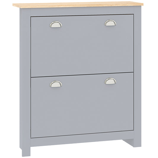 Photo of HOMCOM 2 Drawer Shoe Cabinet Modern Narrow Shoe Cupboard Hallway Wooden Storage Organiser with Flip Doors Adjustable Shelf for 6-12 Pairs, Grey in Grey colour on a white background