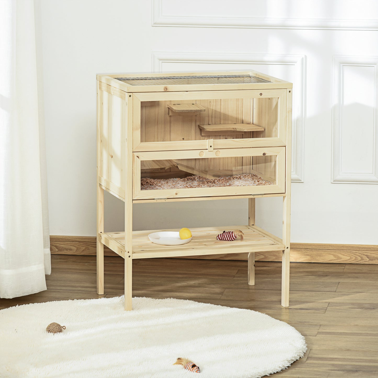 PawHut Wooden Hamster Cage with Storage Shelf, Small Animal Exercise Play House with Openable Top, Ramp for Gerbils, Drawf Hamsters, 60 x 40 x 80 cm - Natural