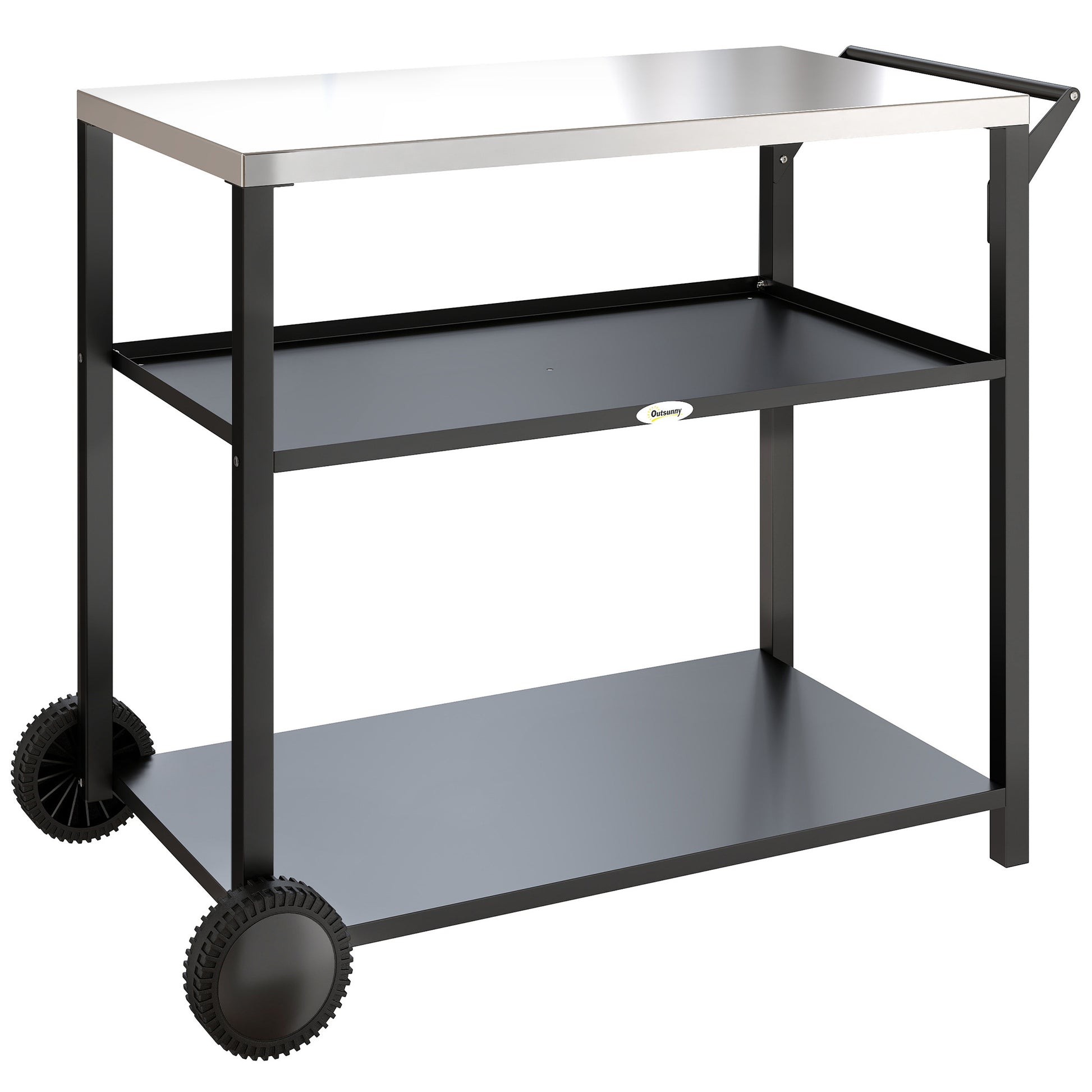 Photo of Outsunny Outdoor Grill Cart with Stainless Steel Tabletop for Kitchen Prep, Two-Tier Pizza Oven Stand on Wheels, Black in Black colour on a white background