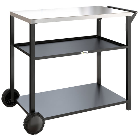Photo of Outsunny Outdoor Grill Cart with Stainless Steel Tabletop for Kitchen Prep, Two-Tier Pizza Oven Stand on Wheels, Black in Black colour on a white background