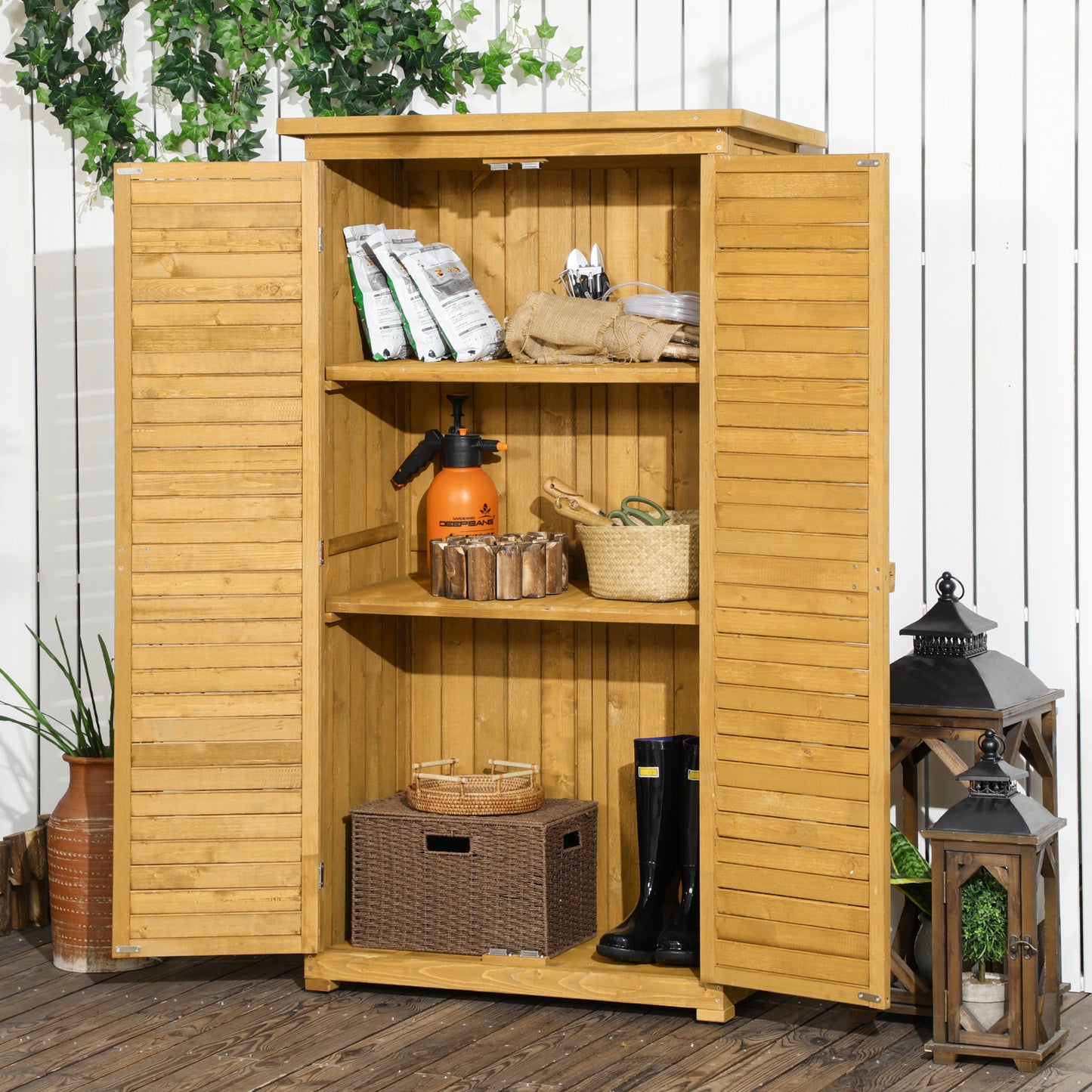 Outsunny Wooden Garden Storage Shed with Shelves, Outdoor Tool Cabinet with Asphalt Roof for Patio Organisation, 87cm x 47cm x 160cm