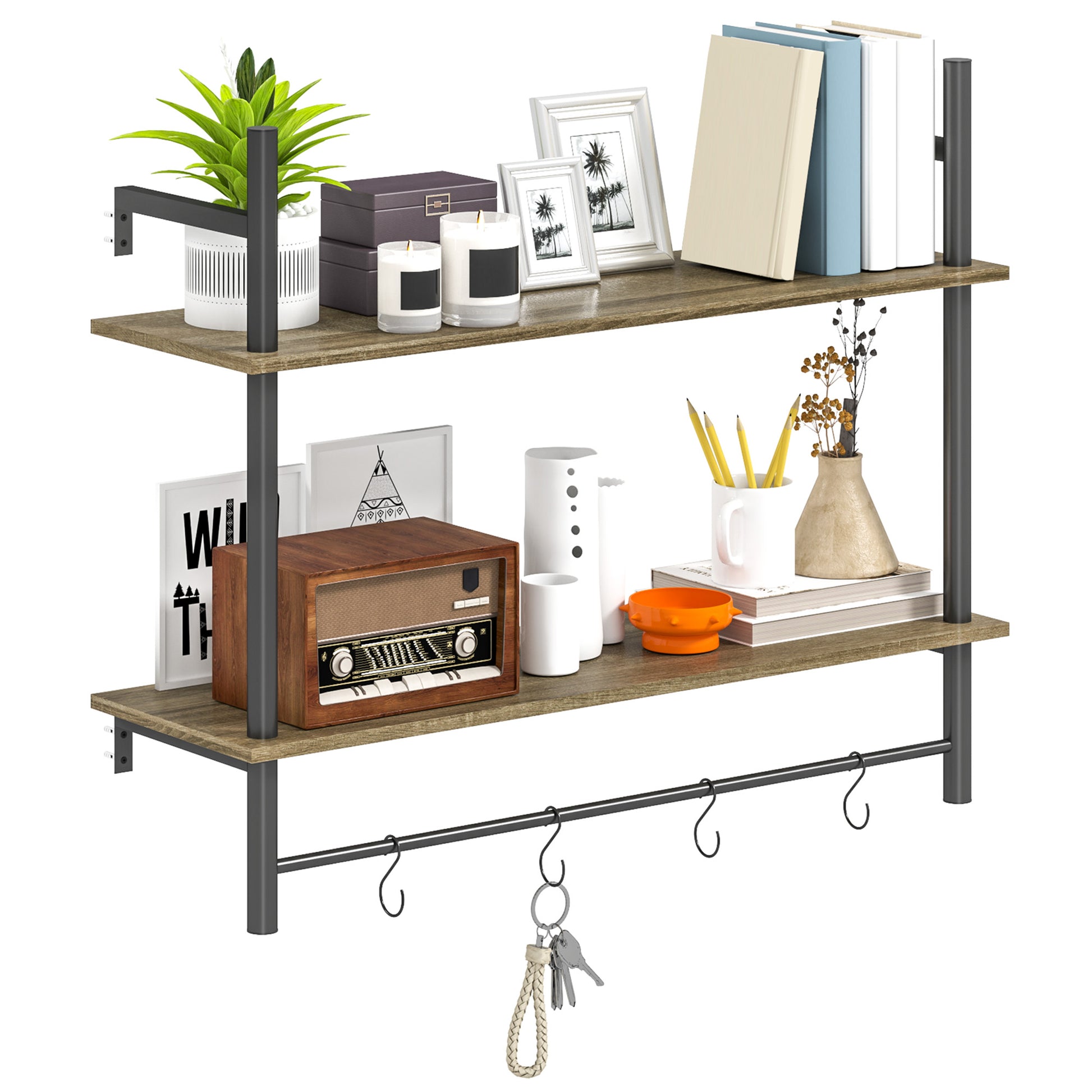 Photo of HOMCOM Wall Mounted Floating Shelves with 4 Hooks, Rustic Wall Shelf Unit for Living Room, Entryway, Grey in Grey colour on a white background