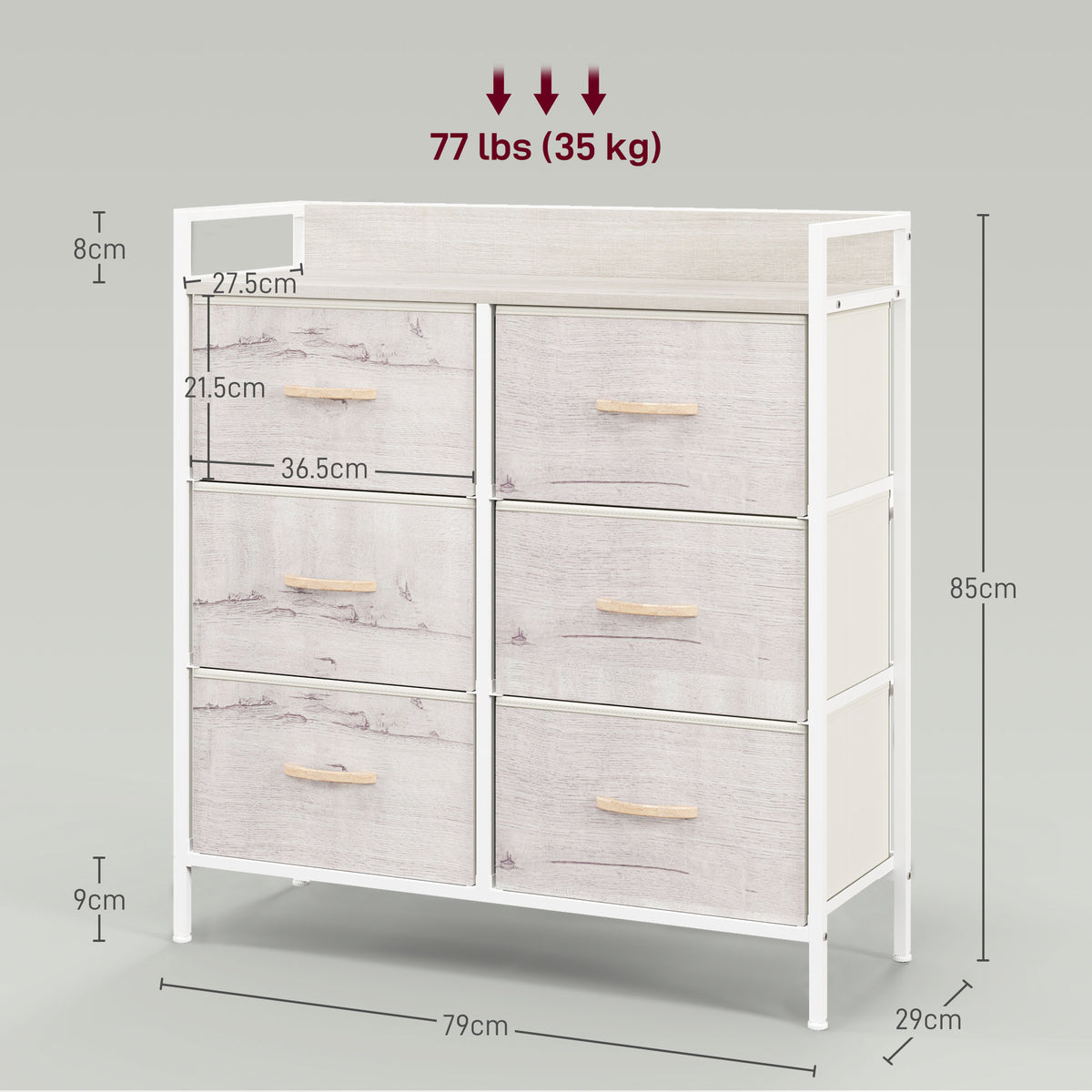 HOMCOM six-drawer chest with dimensions shown, pale wood-look drawers and white frame