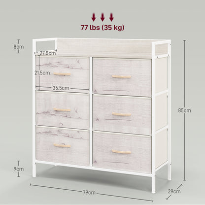 HOMCOM six-drawer chest with dimensions shown, pale wood-look drawers and white frame