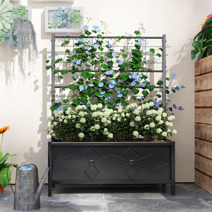 Black raised garden bed with trellis covered in climbing flowers