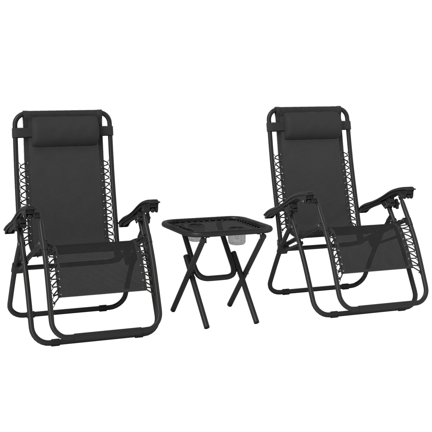 Photo of Outsunny Folding Zero Gravity Chairs, 3 Pieces Adjustable Sun Lounger and Table Set with Cup Holder and Headrest, Patio Bistro Set with Reclining Garden Chairs for Outdoor, Black in Black colour on a white background
