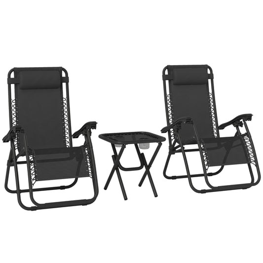 Photo of Outsunny Folding Zero Gravity Chairs, 3 Pieces Adjustable Sun Lounger and Table Set with Cup Holder and Headrest, Patio Bistro Set with Reclining Garden Chairs for Outdoor, Black in Black colour on a white background