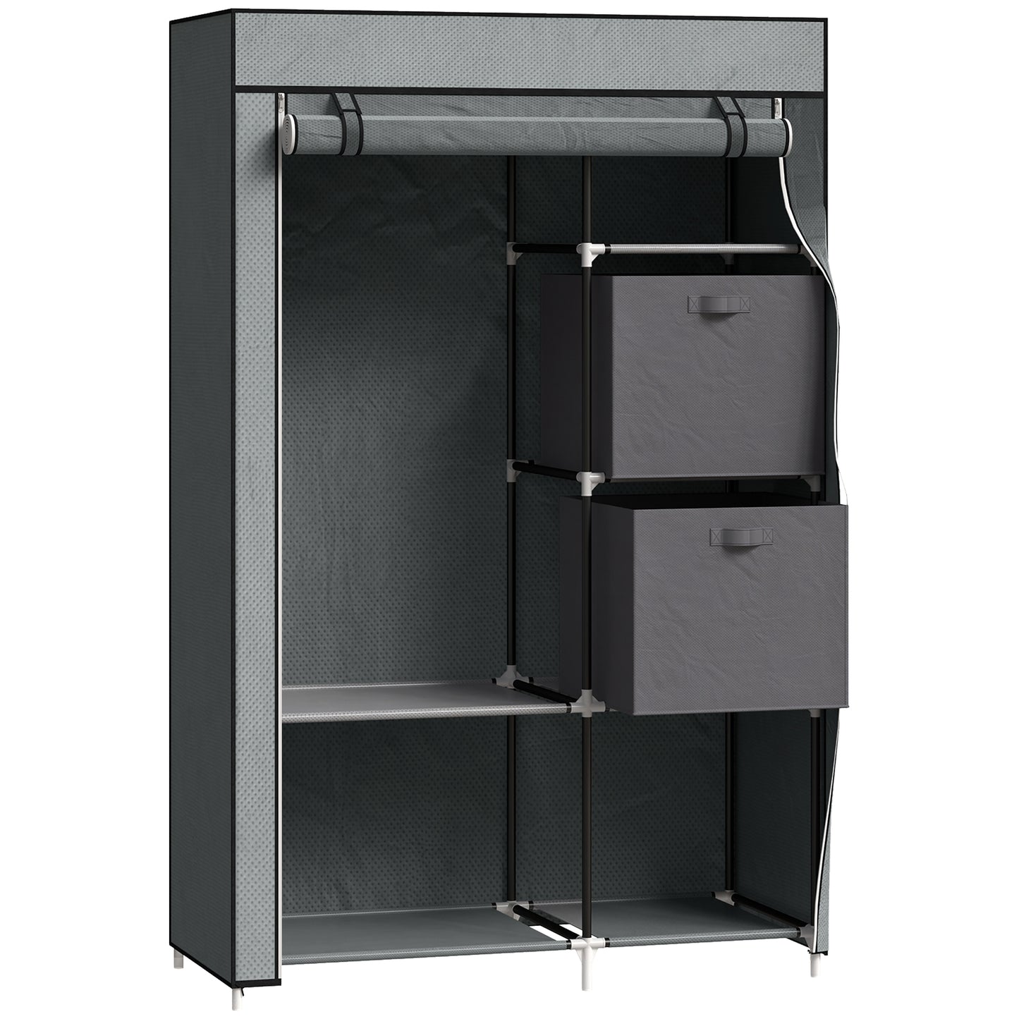 Photo of HOMCOM Fabric Wardrobe, Portable Wardrobe, Clothes Storage Unit with 5 Compartments, Hanging Rail and 2 Fabric Drawers, 102 x 42.5 x 162.5cm, Dark Grey in Grey colour on a white background
