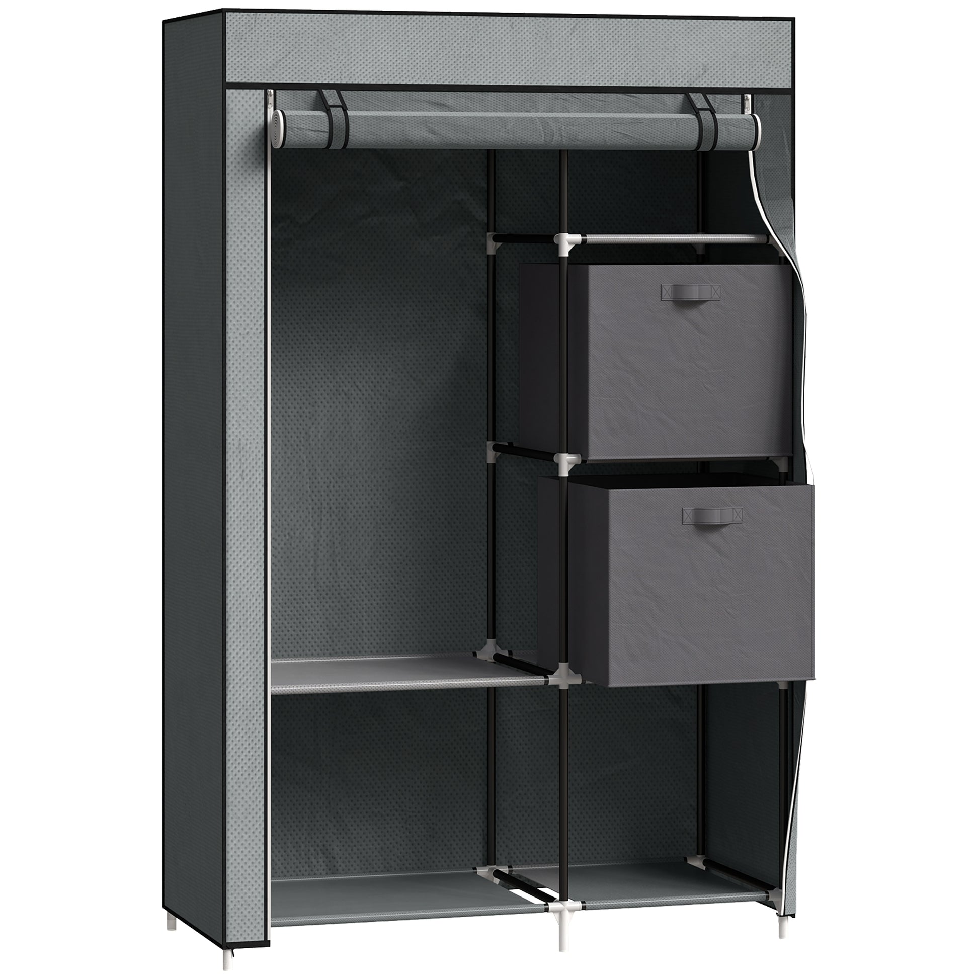 Photo of HOMCOM Fabric Wardrobe, Portable Wardrobe, Clothes Storage Unit with 5 Compartments, Hanging Rail and 2 Fabric Drawers, 102 x 42.5 x 162.5cm, Dark Grey in Grey colour on a white background