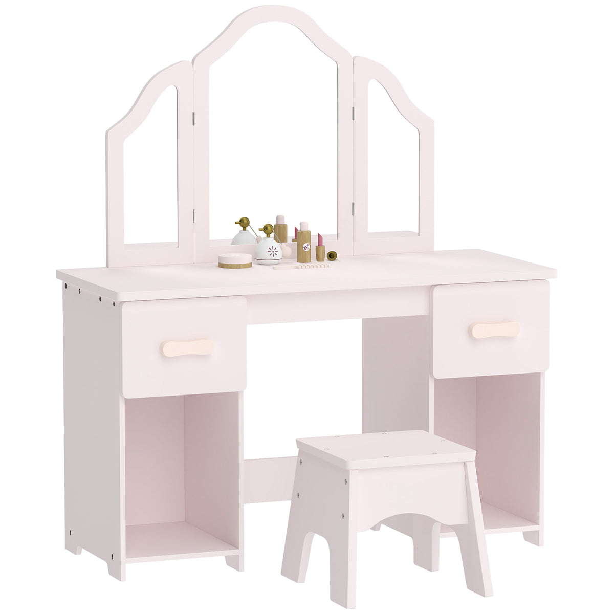Photo of AIYAPLAY Kids Dressing Table, Kids Vanity Table and Chair Set with Tri-Folding Mirror, 2 Drawers, 2 Cabinets for Girls 3+, Pink in Pink colour on a white background