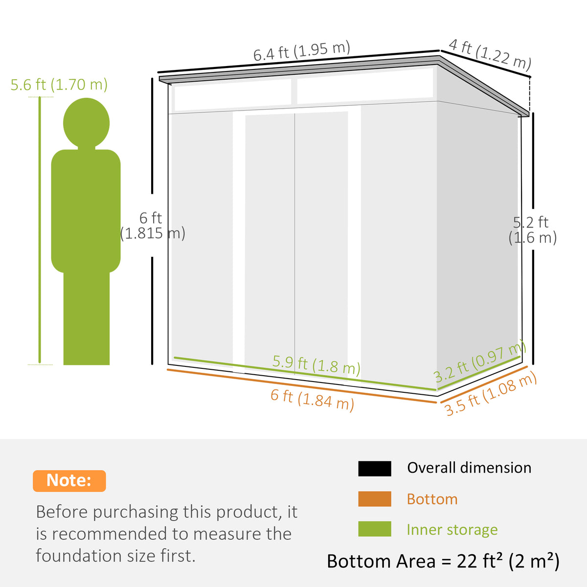 Outsunny metal shed dimension diagram showing overall size and storage area