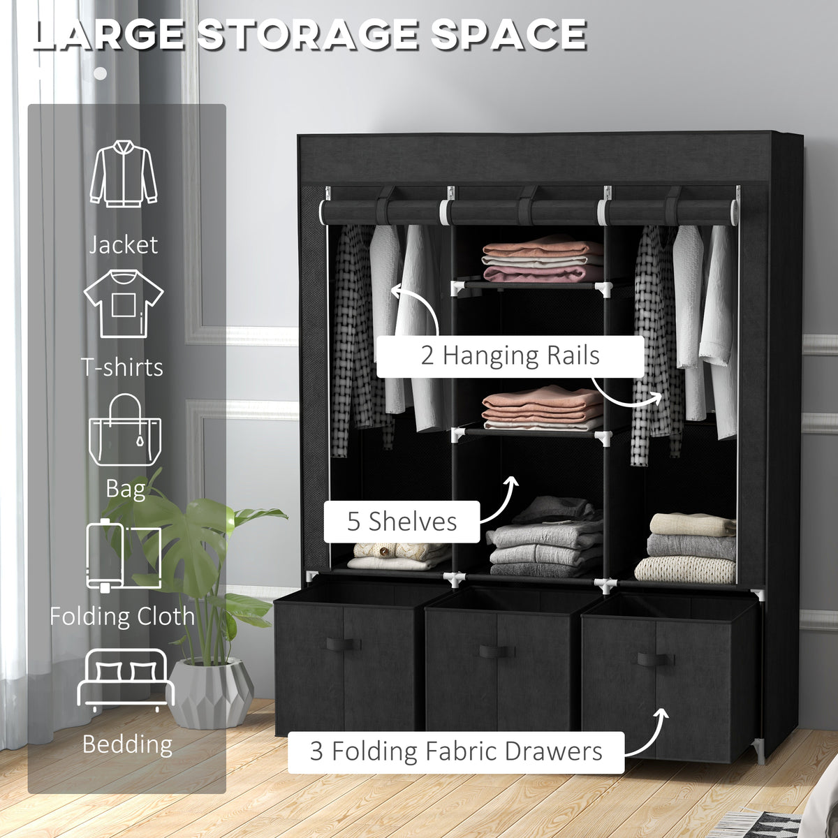 Black fabric wardrobe with hanging rails, shelves, and three drawers