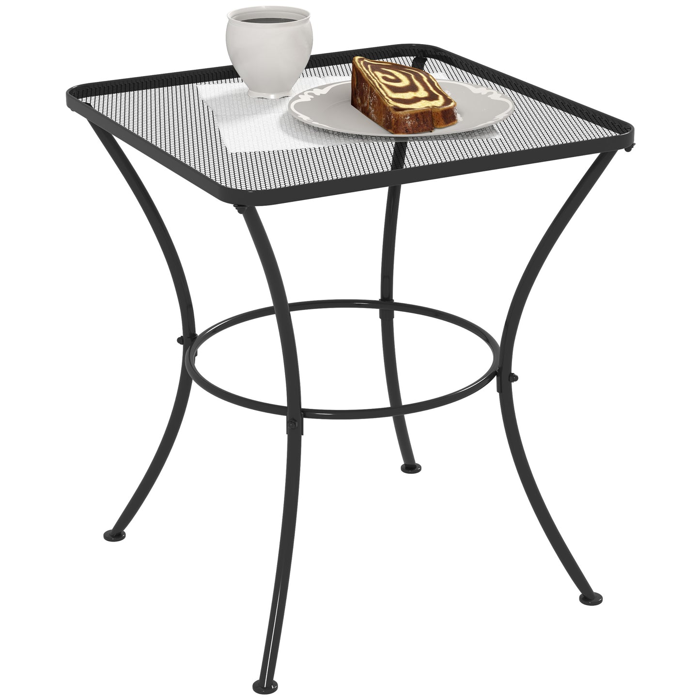 Photo of Outsunny 60cm Square Garden Table, Outdoor Metal Bistro Side Desk with Mesh Top, Black in Black colour on a white background