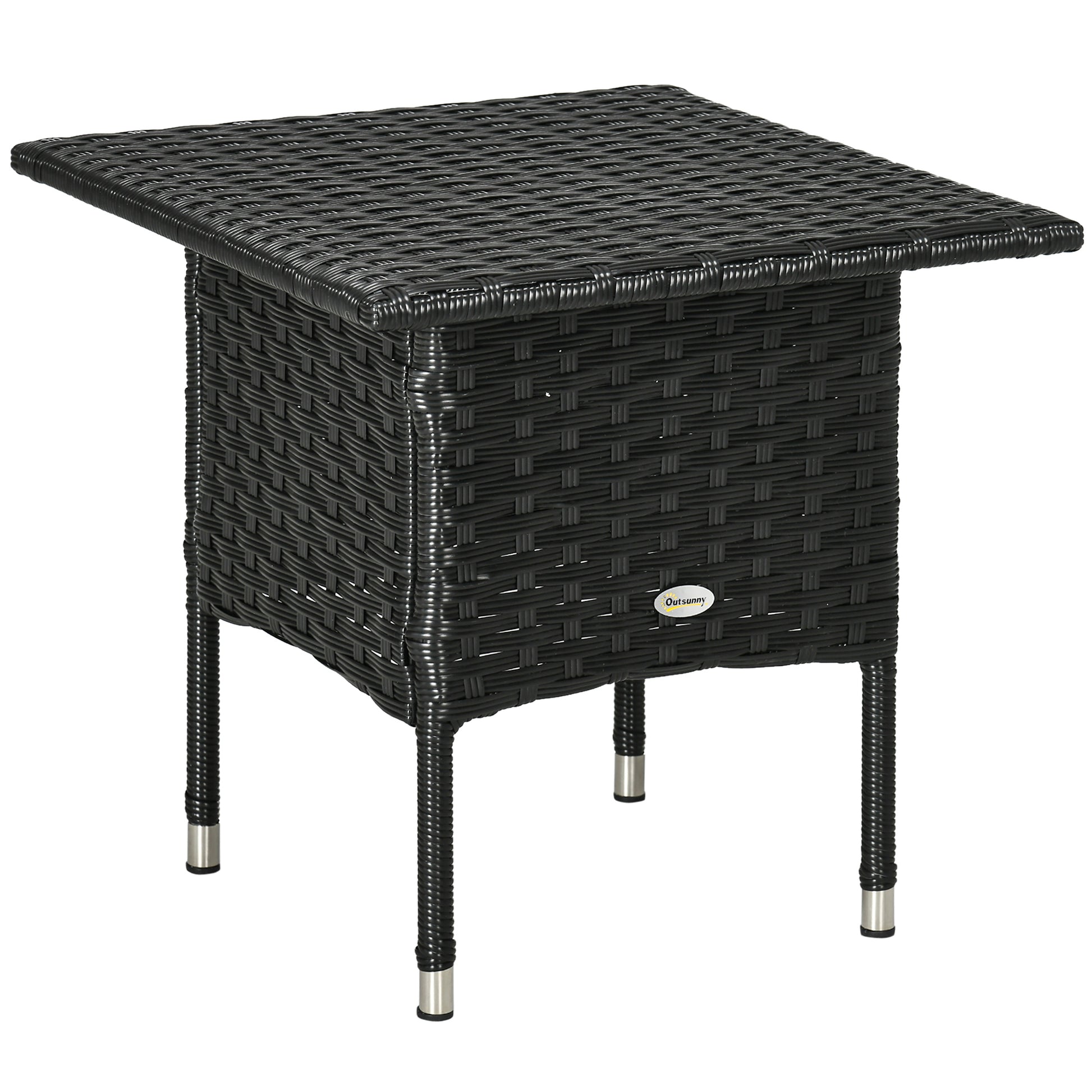 Photo of Outsunny Rattan Side Table, Outdoor Coffee Table with Plastic Board Under the Full Woven Table Top for Patio, Garden, Balcony, Black in Black colour on a white background