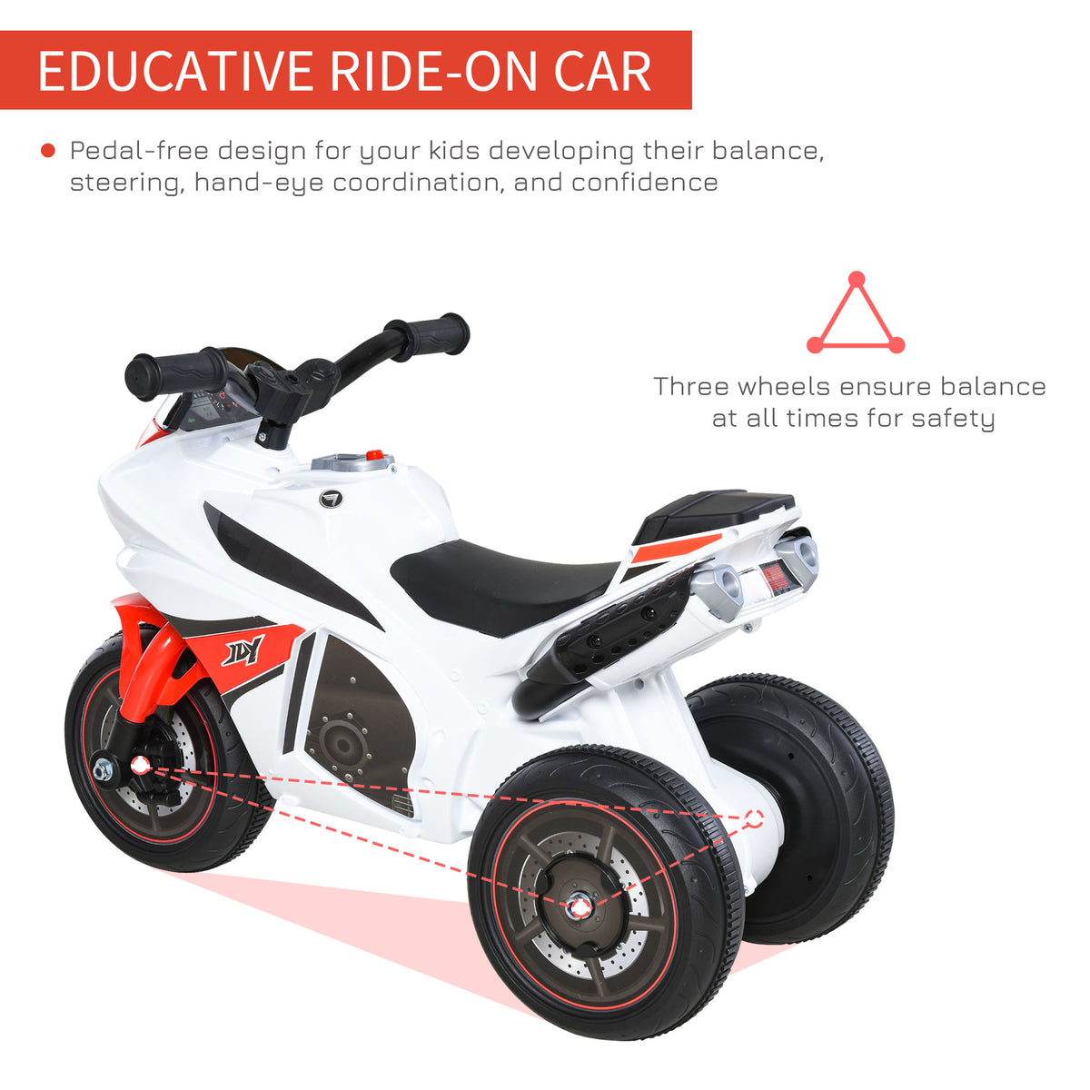 HOMCOM white and red three-wheel ride-on motorcycle, shown from the rear side