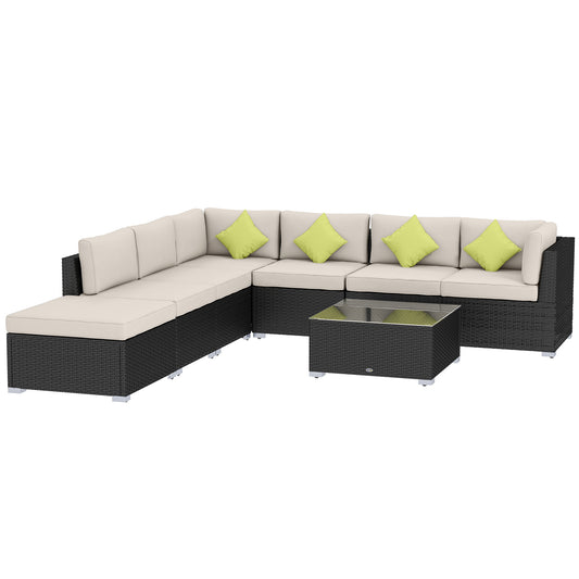 Photo of Outsunny 8 Piece Rattan Corner Sofa Set with Wide & Deep Seat, Assembled Aluminium PE Rattan Garden Furniture Set with Thick Cushions and Glass Top Table for Outdoor, Conservatory, Black in Black colour on a white background