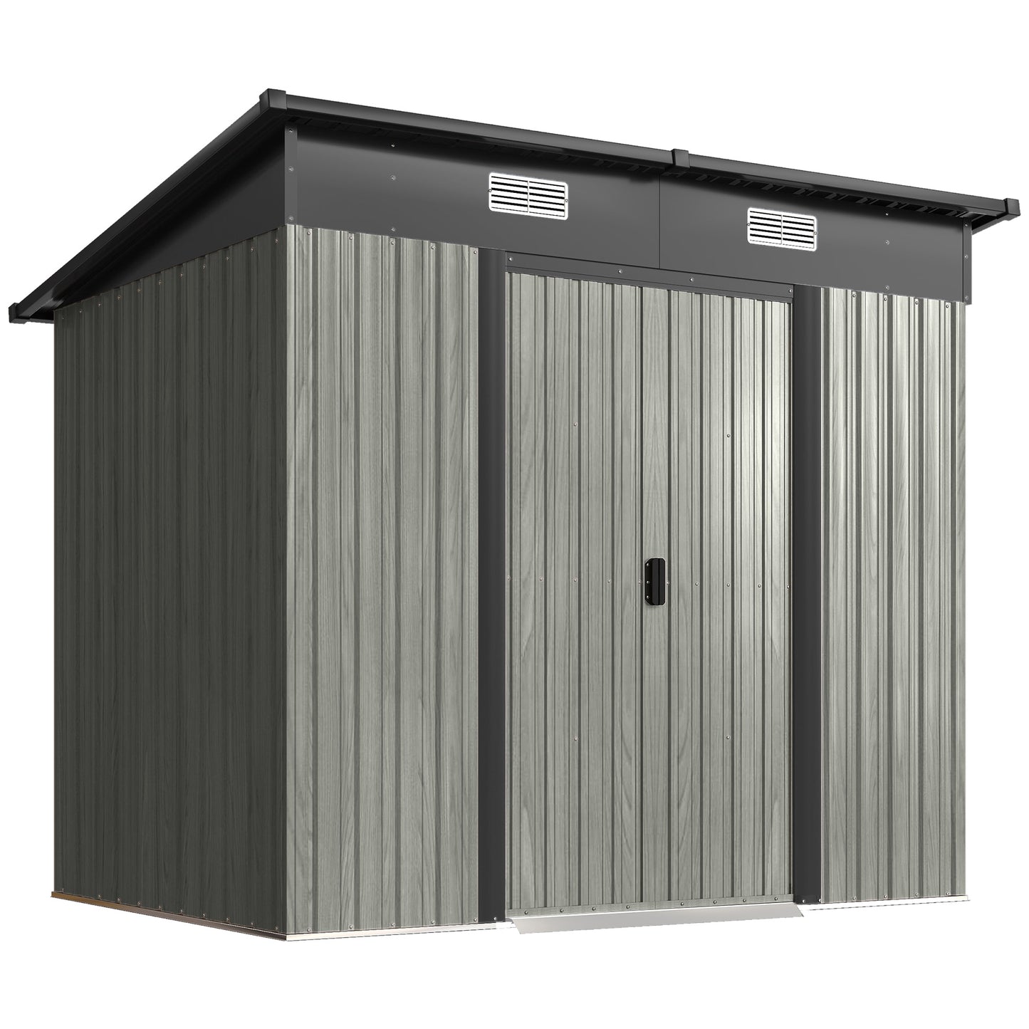 Photo of Outsunny 7 x 4ft Outdoor Storage Shed with Foundation Kit, Lean to Metal Garden Shed for Log, Rubbish Bin, Tool, Bike, Light Grey in Grey colour on a white background