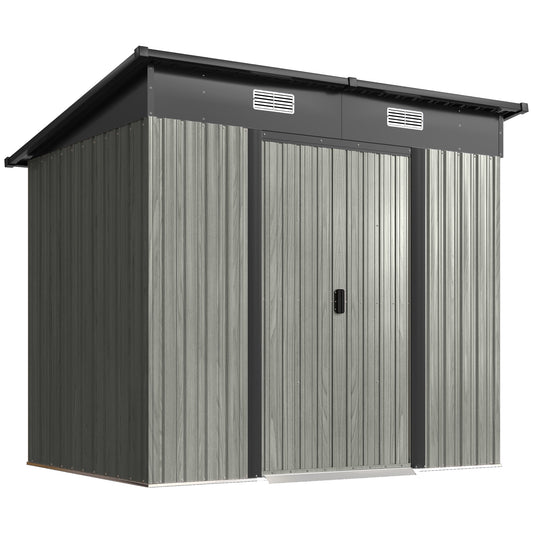 Photo of Outsunny 7 x 4ft Outdoor Storage Shed with Foundation Kit, Lean to Metal Garden Shed for Log, Rubbish Bin, Tool, Bike, Light Grey in Grey colour on a white background
